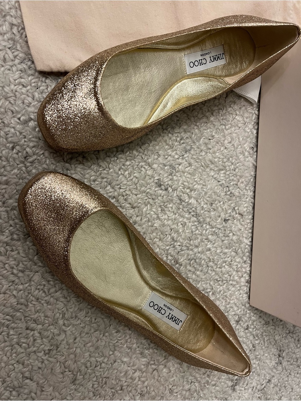 Jimmy Choo Rose Gold Glitter Ballet Flats NEW in box